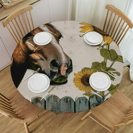

Patifu Horse Sunflower Folk Art Round Table Cover Stain Resistant Washable Indoor Outdoor Tablecloth Kitchen Dining Wedding Parties Waterproof 100% Polyester Fiber 54-58