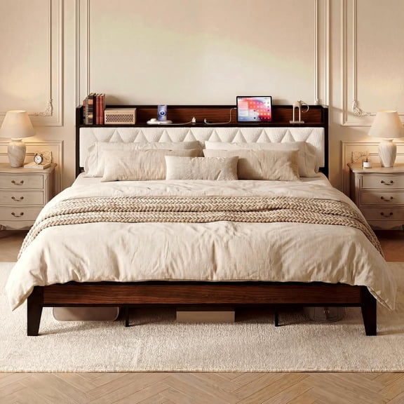 California King Bed Frame with Charging Storage Headboard, Walnut | Upholstered Tufted Headboard & Charging Station, Heavy Duty Slat Support, Noise Free, No Box Spring Needed