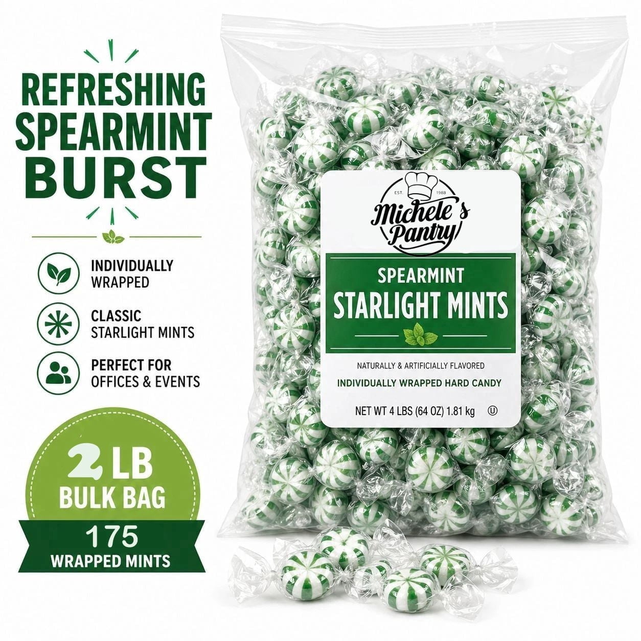 Michele’s Pantry Spearmint Starlight Mints Hard Candy, 4 lb Bulk Bag, Individually Wrapped Refreshing Mint Candy
