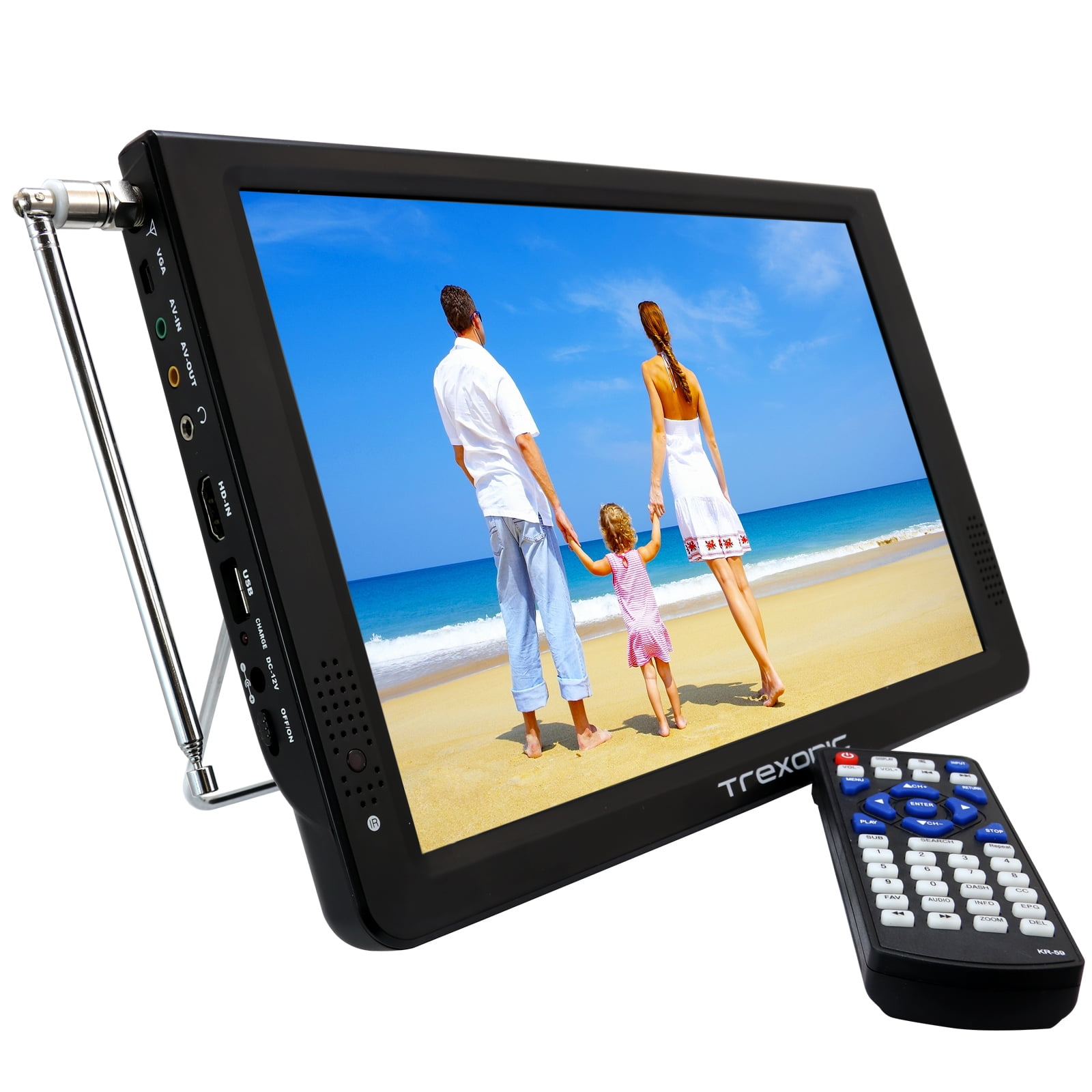 Trexonic Portable Ultra Lightweight Widescreen 12" LED TV With HDMI, SD, MMC, USB, VGA, Headphone Jack, AV Inputs and Output And Built-in Digital Tuner and Detachable Antenna