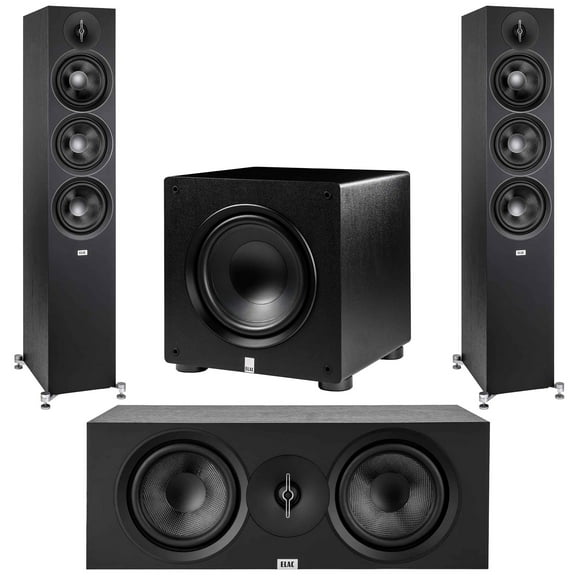 Elac - Two DF63-BK - Debut 3.0 6.5" Floor Speaker - Black, Elac DC63-BK - Debut 3.0 6.5" Center Speaker - Black and Elac PS350-BK - Varro Premium 12" 350 Watt Powered Subwoofer with Auto-EQ