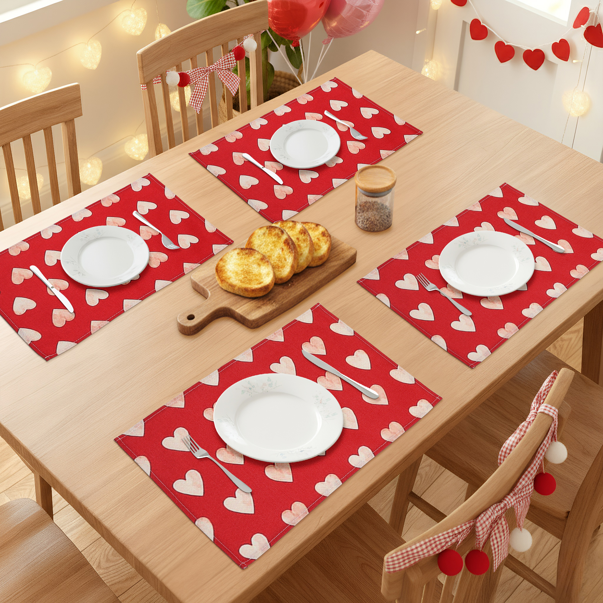 Unique Bargains Set of 6 Love Hearts Placemats for Anniversaries Red/White