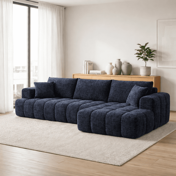 GOMYHOME Chenille L-Shaped Sectional Sofa with Chaise, 4-Seater Modern Tufted Couch, Dark Blue