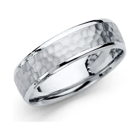 Solid Wedding Ring 14k White Gold Band Hammered Finish Polished Edge Comfort Fit Men Women 5.5 mm, Size 5