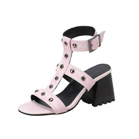 

SEMIMAY Ladies Fashion Snakeskin Leather Hollow Open Toe Metal Decorative Thick High Heel Buckle Roman Sandals