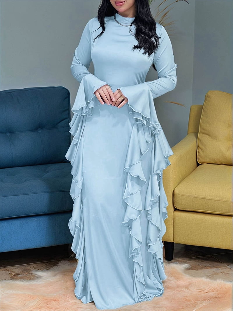 Women'S Bodycon Dresses Elegant Bell Sleeve Ruffle Hem Cocktail Party Long Dress Blue L