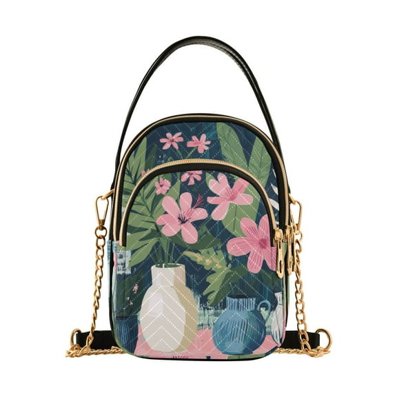 FORMRS Crossbody Bag for Women Quilted Travel Shoulder Cell Phone Purse with Chain Strap Handbag, Green Floral