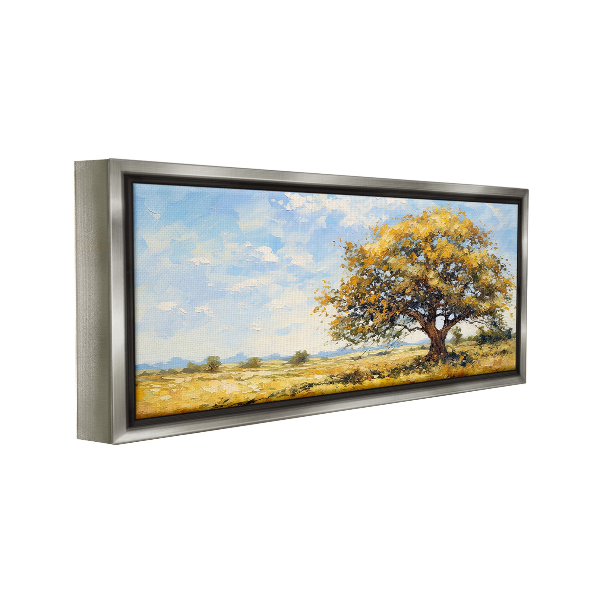 Stupell Industries Sycamore Tree in Field Landscape Painting Gray Floater Framed Canvas Art Print Wall Art, 31 x 14