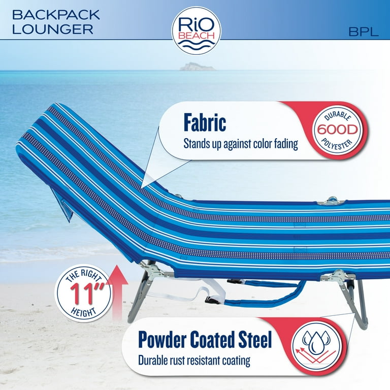 Rio Brands Portable Folding Beach Lounge Chair with Backpack Straps and Storage Pouch Blue Multi Stripe