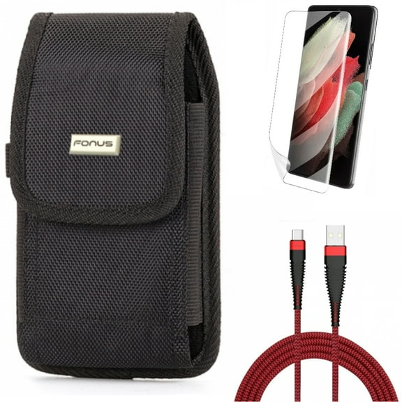 10ft USB Cable w Matte Screen Protector w Case Belt Clip for Samsung Galaxy S21 Plus - Type-C Charger Cord, TPU Film Anti-Glare, Swivel Holster Accessory Bundle