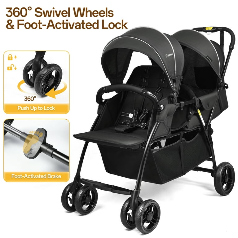 Double Stroller with Twin Seats, 5-Point Harness, Adjustable Canopies Vomeast Color: Black