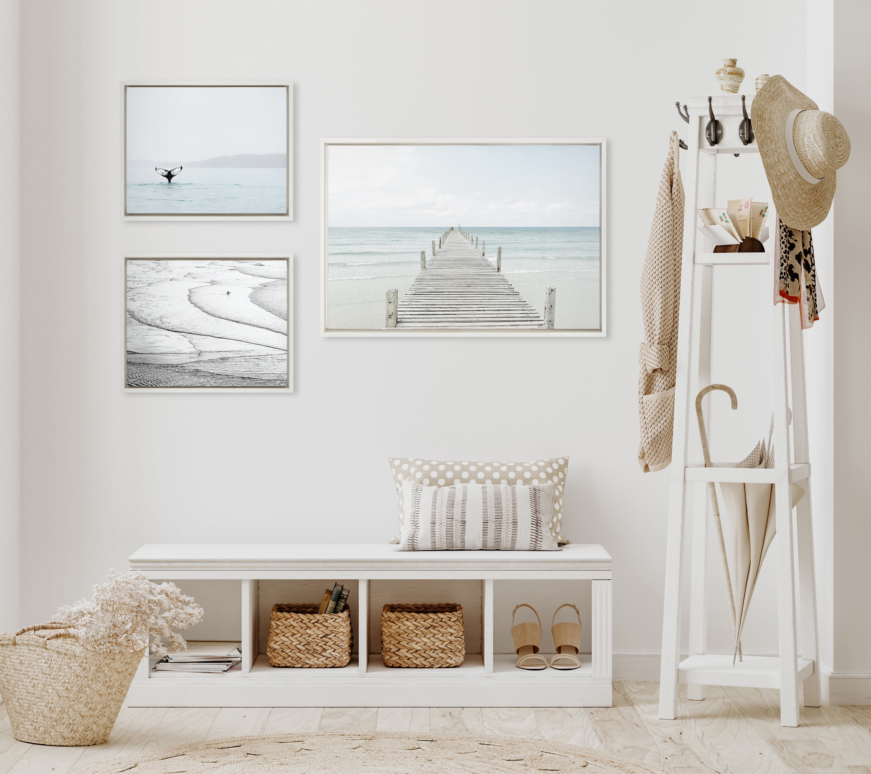 Kate and Laurel Sylvie Ocean Beach San Francisco, Whale Tail in the Mist and Wooden Pier on The Beach Framed Canvas Wall Art Set by Various Artists, Set of 3, 16x20 and 23x33 White, Coastal Art Set