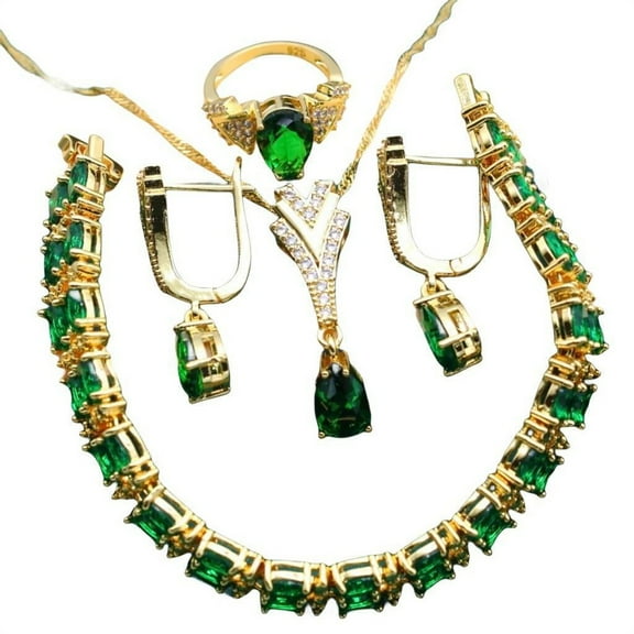 Giffor 5pcs Luxury 18K Plated Gold Formal Jewelry Set For Women,Green Stud Earrings, Bracelet,Rings And Necklace Set,For Weddings,Party,Mother's Birthday Gifts