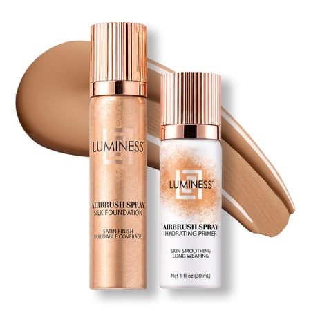 LUMINESS Silk Airbrush Spray Foundation & Primer Kit - Full Coverage Foundation, Anti-Aging Formula Hydrates & Moisturizes with Hyaluronic Acid, Aloe Vera & Hydrolyzed Silk (Shade - Warm)