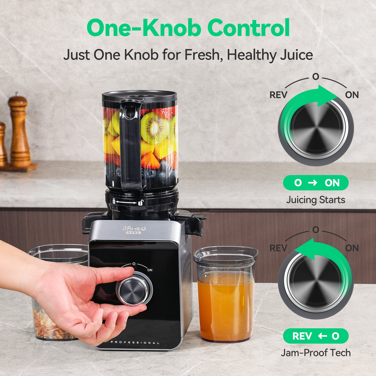 Ormeo Hom Cold Press Slow Juicer with 5.0"Large Feed Chute, Masticating Juicer with Pulp Seperation, 99.6% Juice Purity, Quiet Motor, Easy to Clean, BPA Free