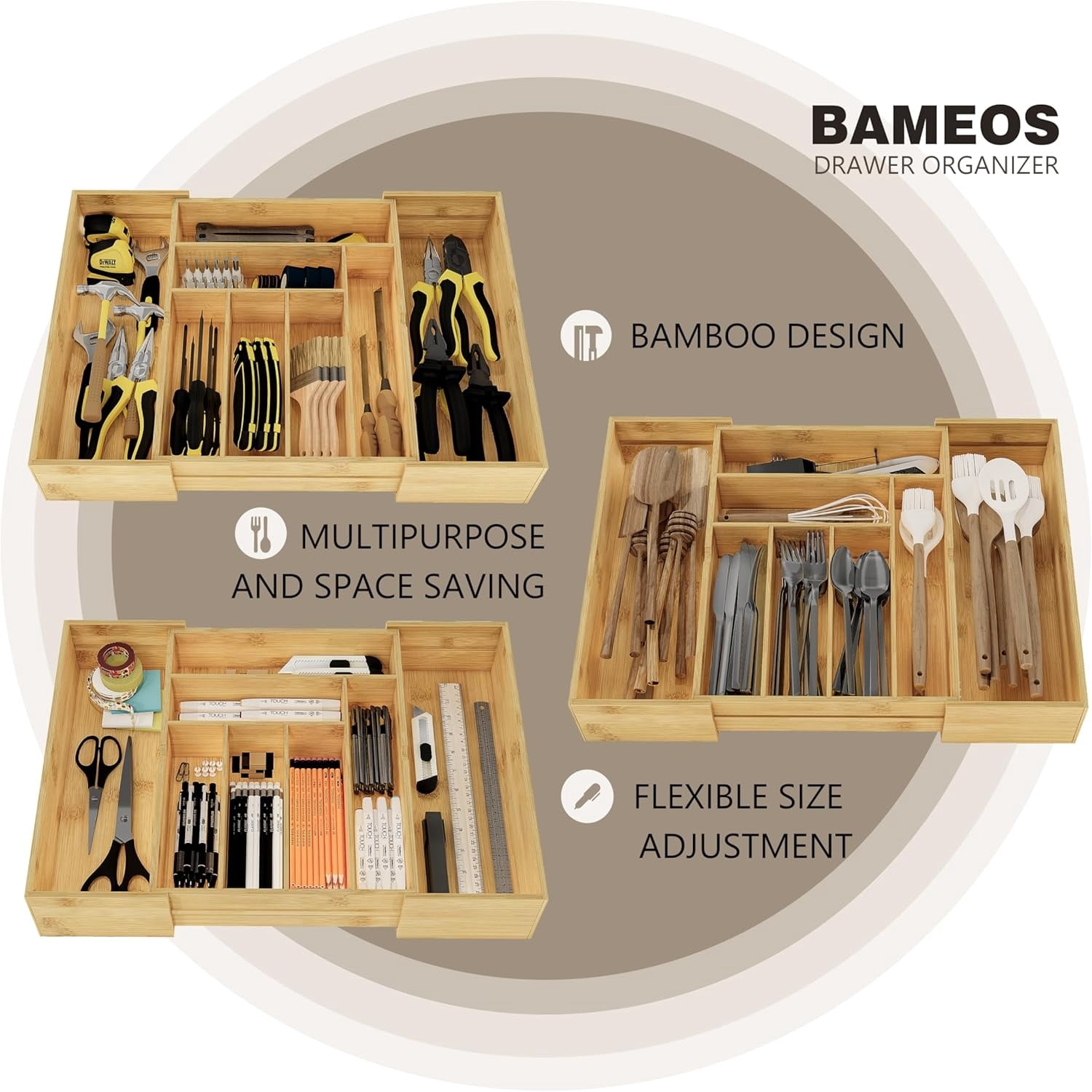 3.9inch Tall Bamboo Drawer Organizer, Expandable Utensil Holder with 8 Compartments, Adjustable Kitchen Drawer Divider for Flatware, Silverware and Gadgets, Deep Storage for Home and Office