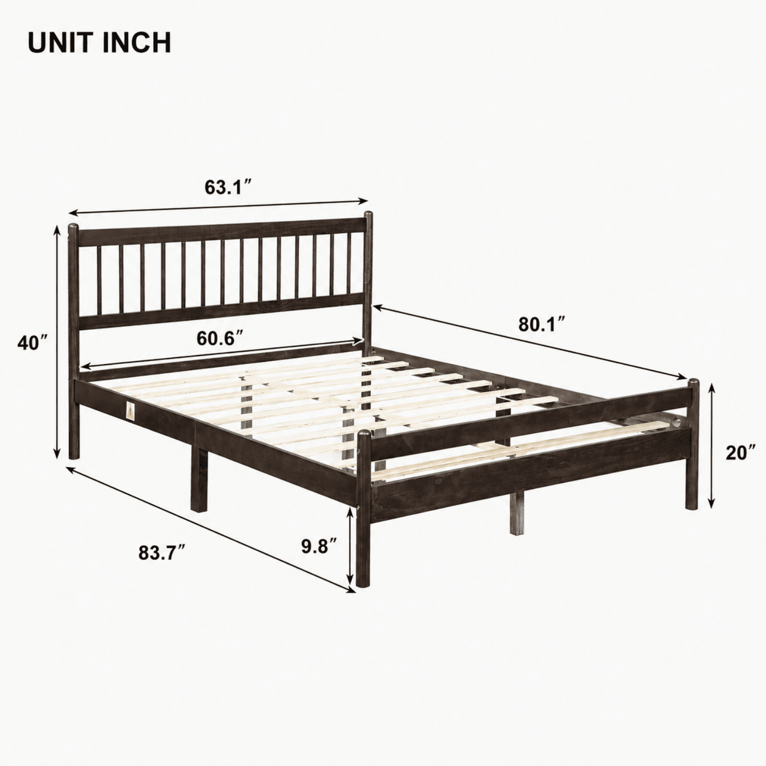 Miniyam Queen Pine Wood Platform Bed Frame with Spindle Headboard, 9.8" Underbed Storage, Brown