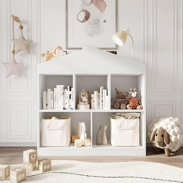 Historyli Organizador de juguetes de madera de 5 compartimentos, estantería blanca para niños y niñas, estantería para sala de juegos infantil