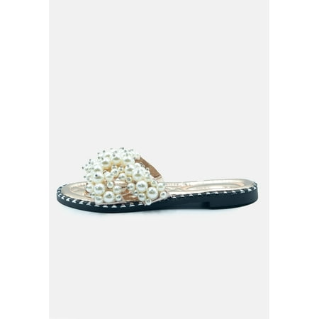 

Fashion Thirsty Womens Ladies Wide Fit Pearl Embellished Flat Slider Sandals