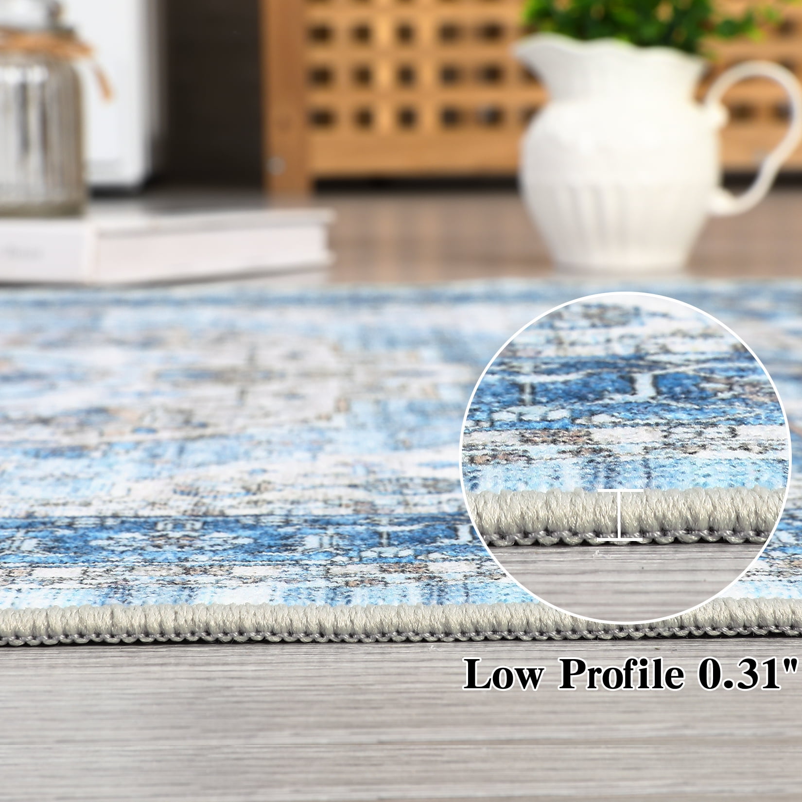 FairOnly 9'x12' Blue Machine Washable Living Room Area Rugs Boho Vintage Rugs for Bathroom Indoor Floor Non Shedding Rugs Home Office Carpet