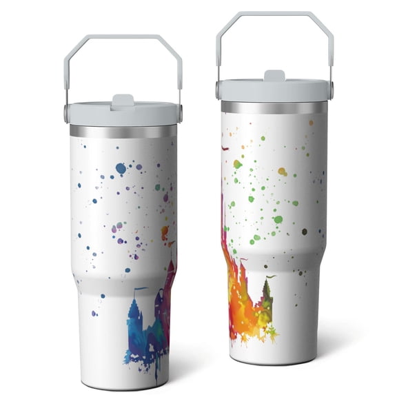 30oz Stainless Steel Tumbler with Lid and Straw,Spill Proof Travel Cup Double Wall Vacuum Insulated Coffee Mug with Top Handle White