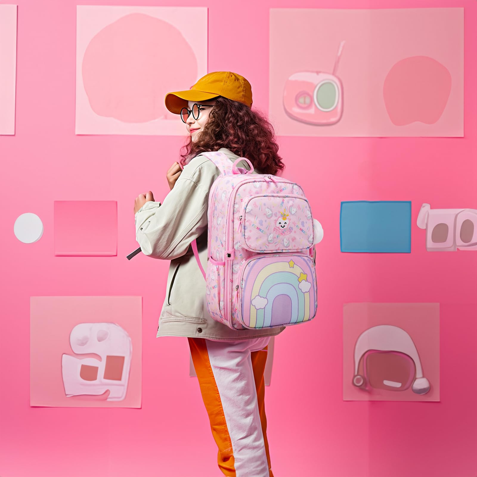 Mochila escolar para niñas, bonita con arcoíris, de gran capacidad y múltiples bolsillos, rosa 8