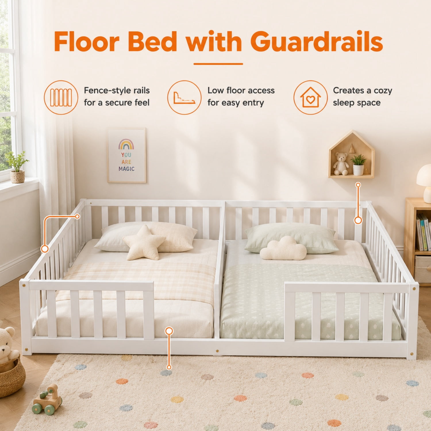 Miniyam Double Twin Floor Bed for Kids, Wood Bed Frame with Guardrails, Low Profile Design, White