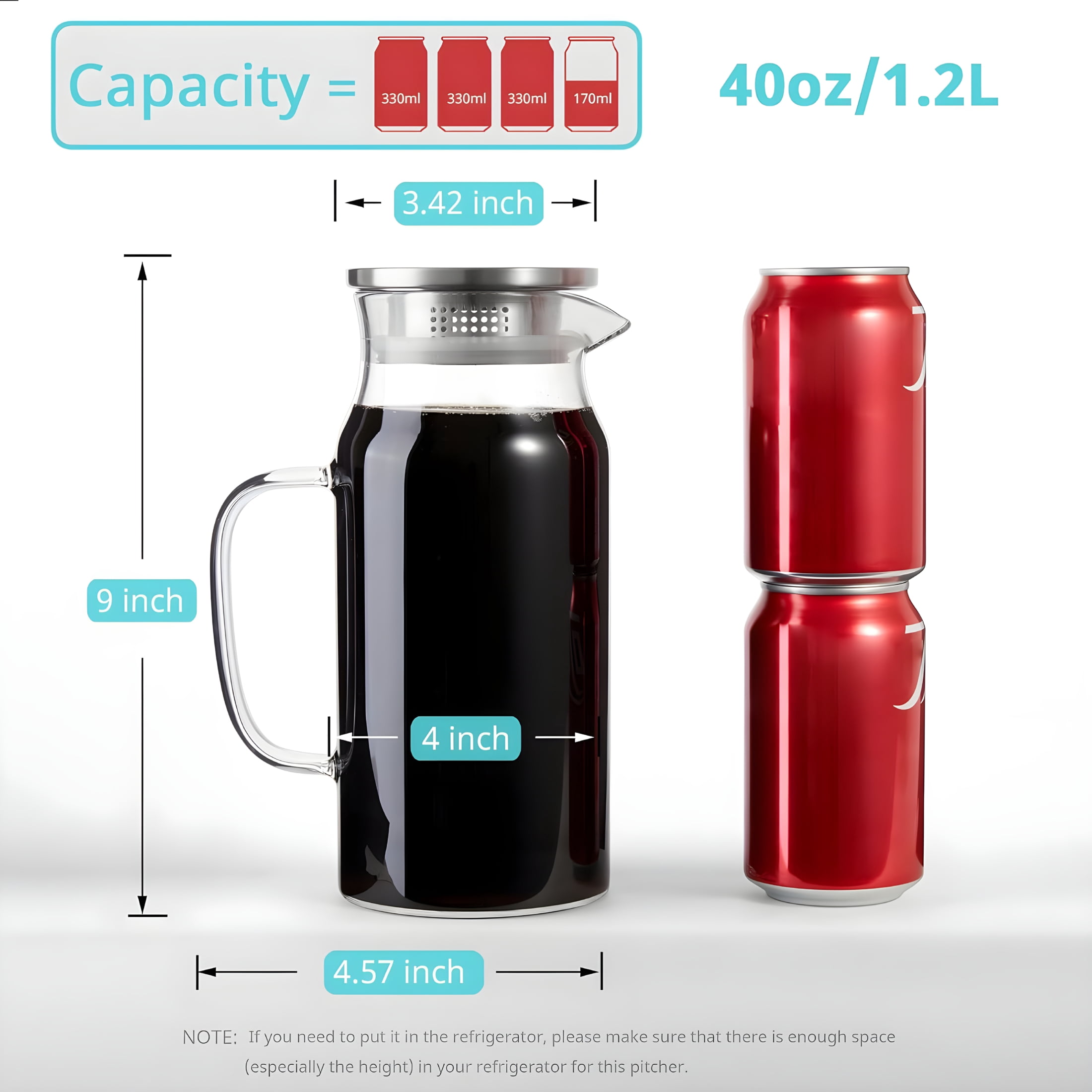 ACDANC 2 Pack 1.2 Liter 40 Oz Small Glass Pitcher with Lid and Handle,Glass Carafe Water Pitcher for Hot/Cold Water,Iced Tea,Drinks,Coffee,Juice and Homemade Beverage
