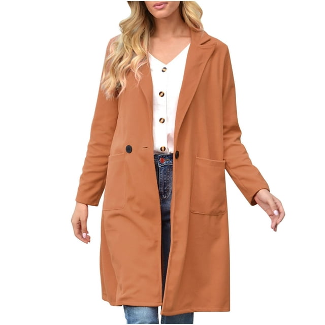 PENGXIANG Women‘s Spring And Autumn Lapel Wool Solid Color Long Sleeve Wool Long Pocket Jacket Suits