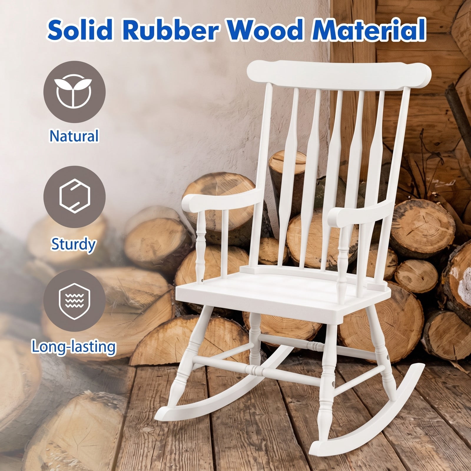 Furnibear Rocking Chair with Solid Rubber Wood Frame and Classic Spindle Back for Indoor Living Room, Front Porch and Patio, White
