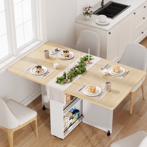 Space Saving Folding Dining Table with Storage Folding Kitchen Table with 6 Wheels, Kitchen Table with 6 Wheels, Drawer & Shelves, Compact Dining Table Suitable for Small Spaces and Kitchens