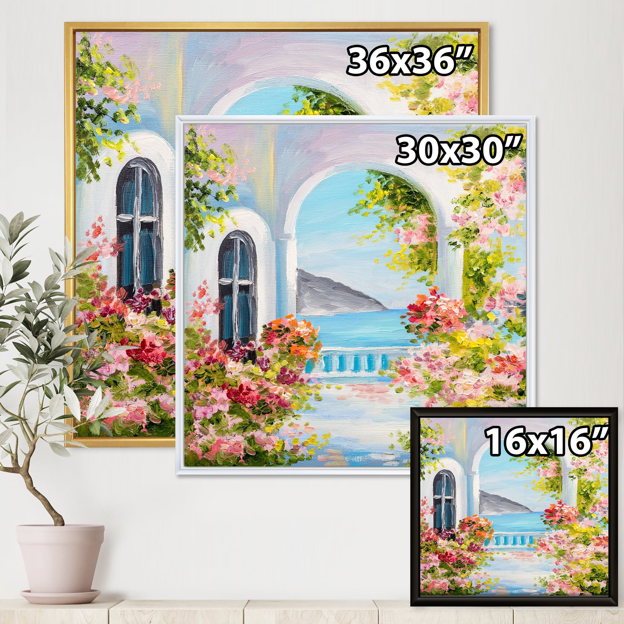 Pink Flowers With Traditional Greek House 36 in x 36 in Framed Painting Canvas Art Print, by Designart
