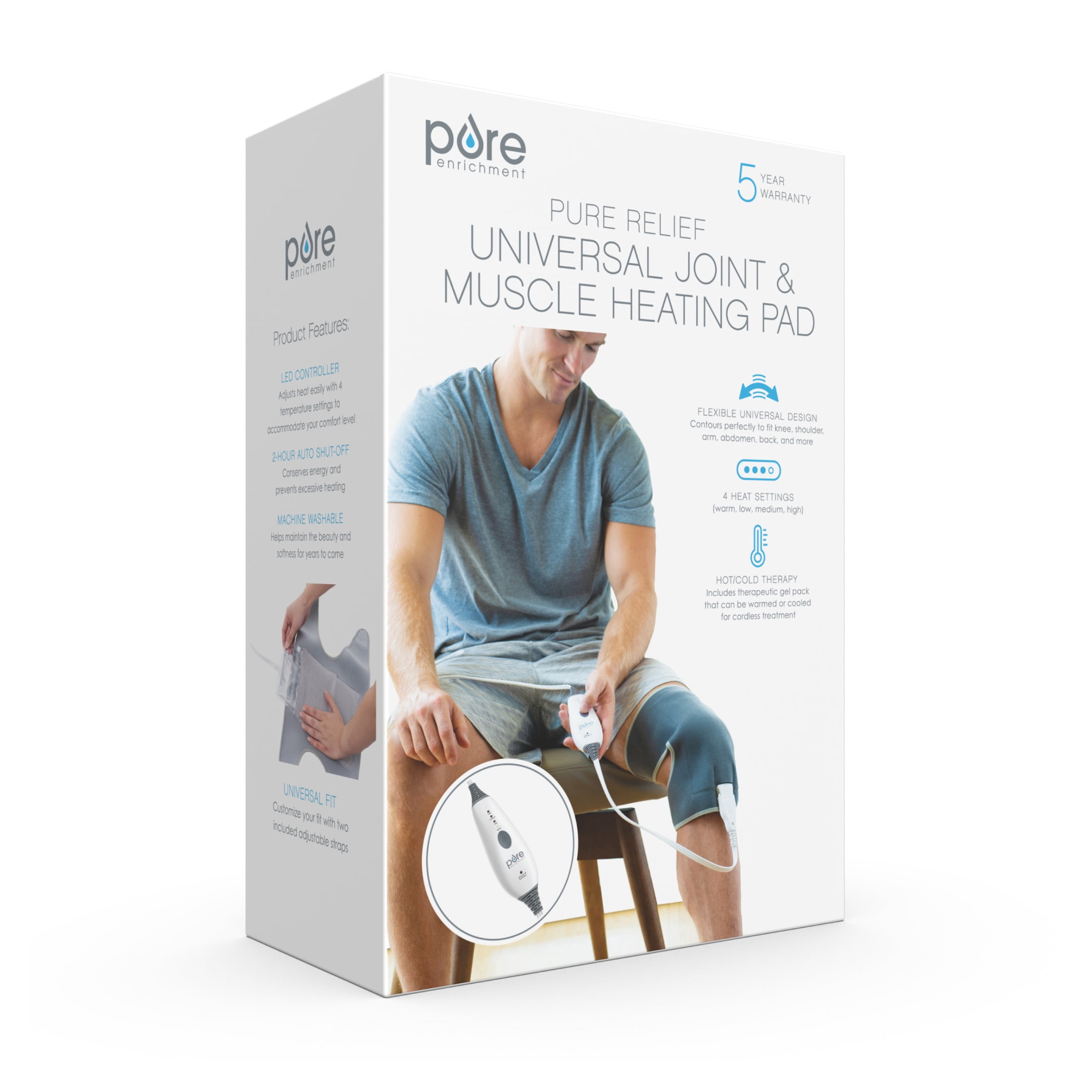 Pure Enrichment PureRelief Universal Joint & Muscle Heating Pad - 4 Heat Settings, Adjustable Straps, Hot/Cold Gel Pack, Storage Bag - Ideal for Temporary Pain Relief for Shoulder, Arm, Knee & Elbow