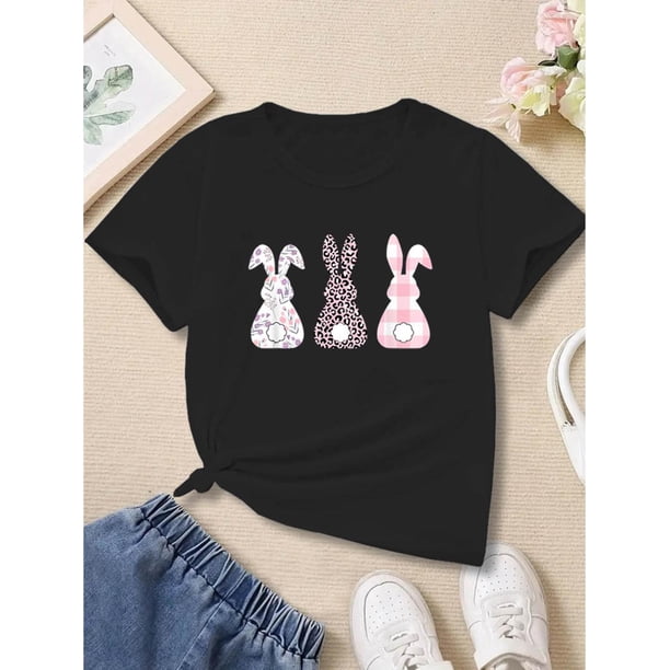 Cartoon Bunnies Graphic Print For Girls, Comfy And Fit T-shirt Top Pullover For Spring And Summer For Outdoor Activities