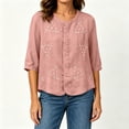 thumbnail image 5 of Cotton Linen T Shirts for Women Elbow Length Sleeve Tops Womens Button Down Crew Neck Summer Fall Tshirts, 5 of 7