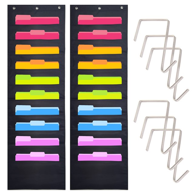 2 Pack Heavy Duty Storage Pocket Chart for Classroom, 10 Pockets, 6 Overdoor Hangers Included, Hanging Wall File Organizer for Office File Folders, Assignments, Files, Scrapbook Papers & More (Black)