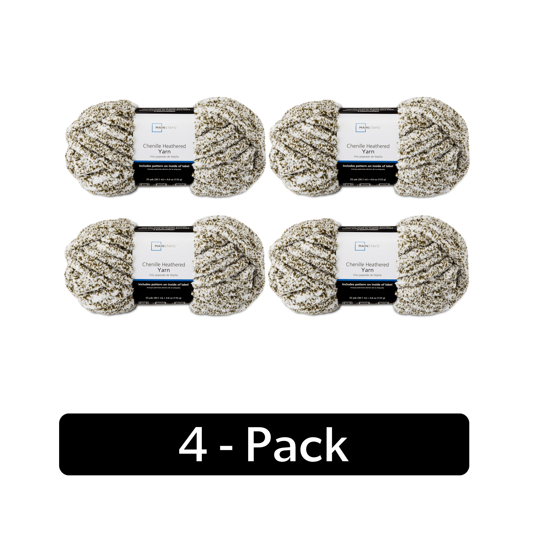 Mainstays Heathered Chenille Yarn, 33 yd, Winter Moss, 100% Polyester, Super Bulky, Pack of 4