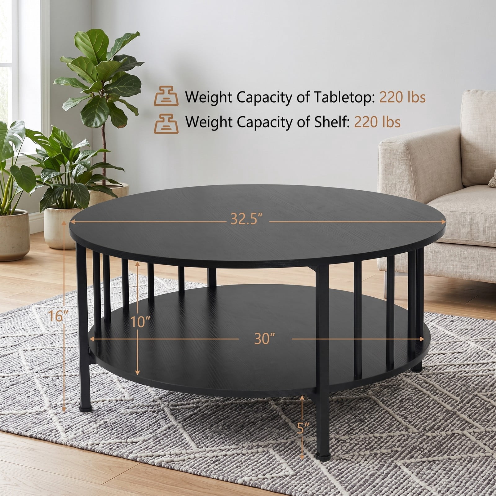 Furnibear 2-Tier Round Coffee Table with Storage Shelf, Engineered Wood Center Table with Metal Cross Frame and Picket Accents for Living Room, Black Walnut / Black