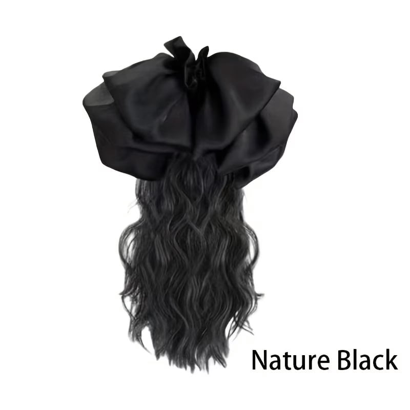 1pc, women's black ponytail hair piece with long wavy drawstring bow