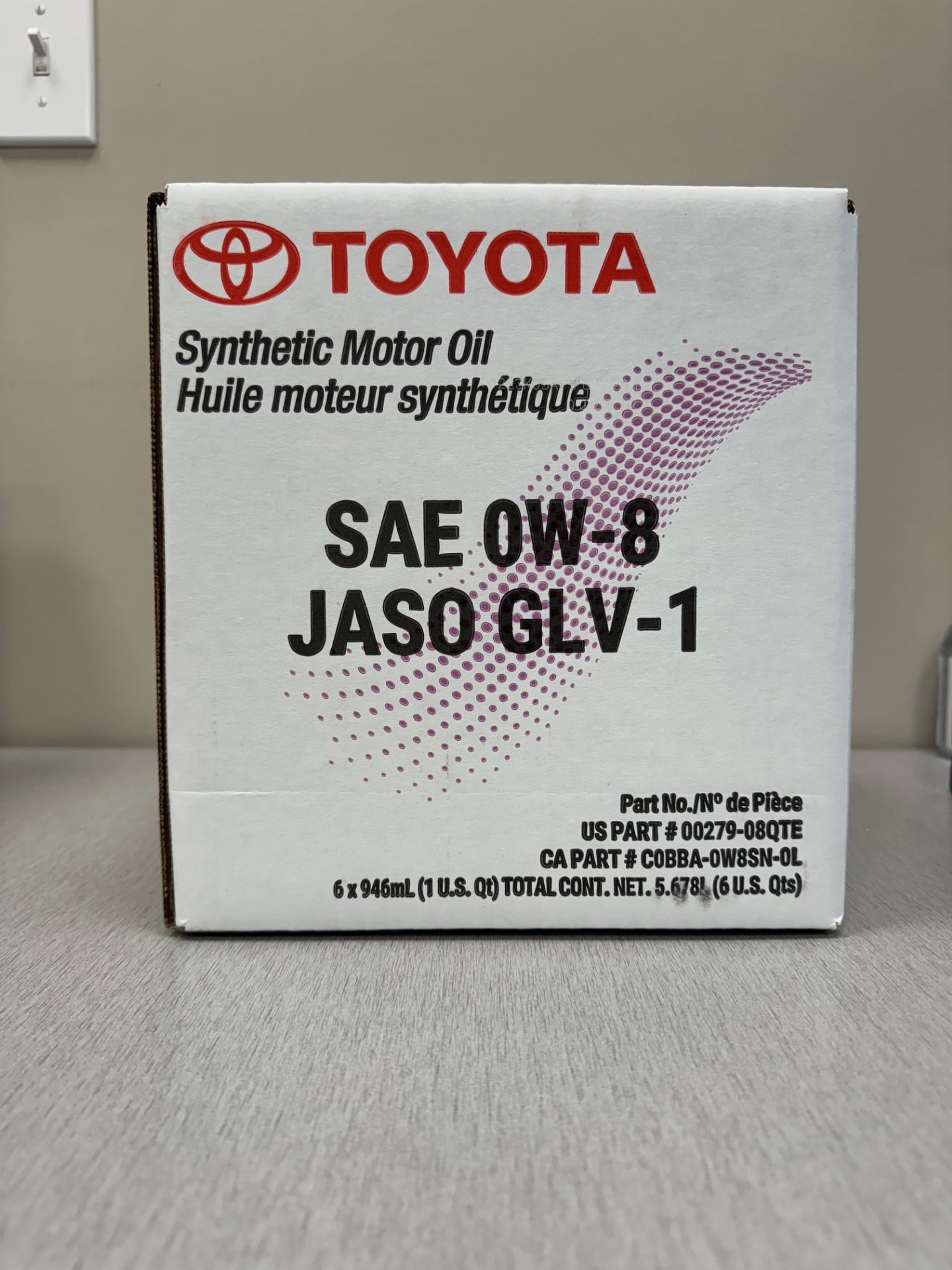 Genuine Toyota/Lexus Synthetic Motor Oil SAE 0W-8 JASO GLV-1- 6 Quarts (1 Case)