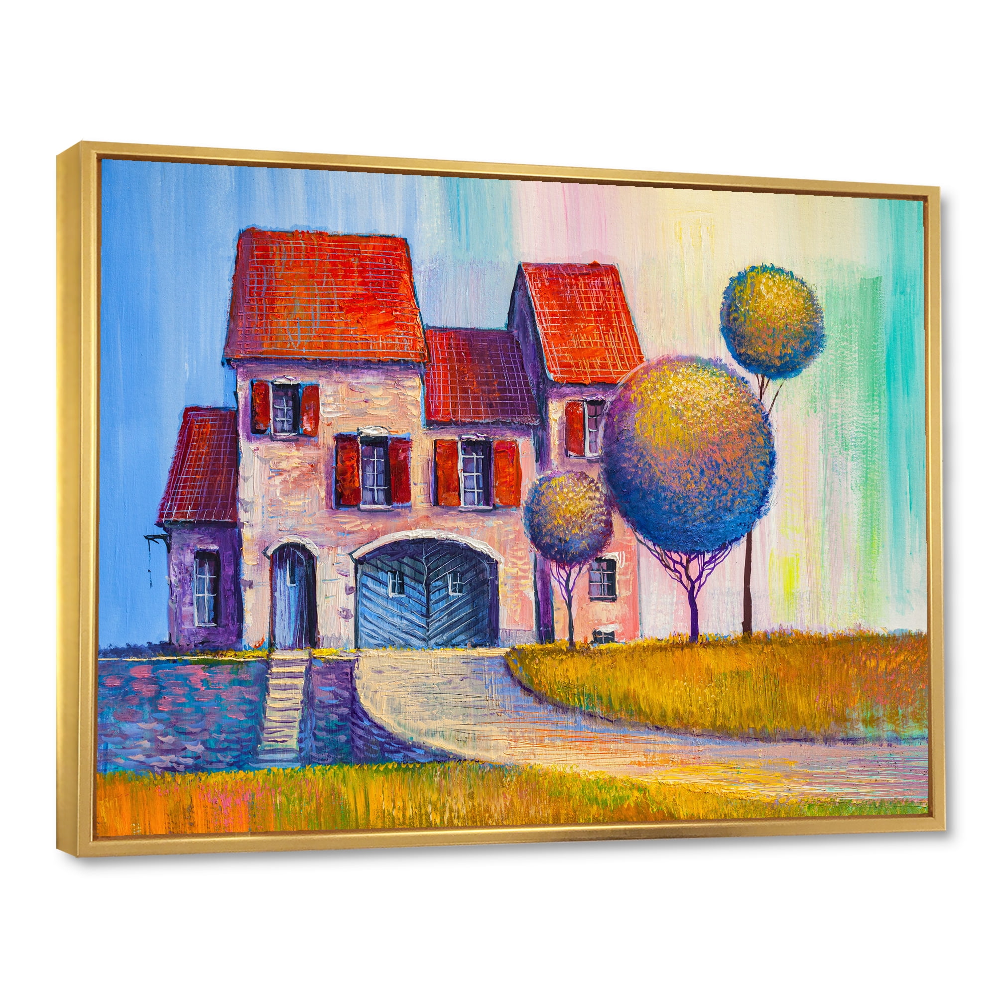 Designart 'A Red Roof House With In The Village' Modern Framed Canvas Wall Art Print