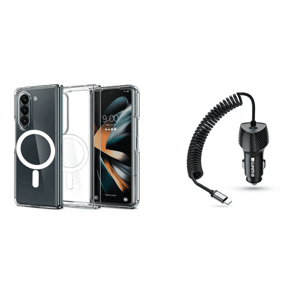 BEMZ Magnetic Charger Mount Case for Samsung Galaxy Z Fold 5 Bundle with 40W USB-C Car Charger (Type-C Port) - 5 Foot - Transparent Clear