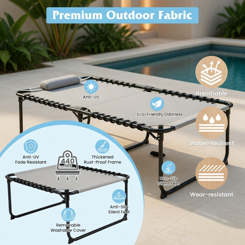 Hommoo 4-Position Adjustable Folding Lounge Chair with Detachable Headrest & Side Pocket, Heavy-Duty Steel Frame, Portable Sun Lounger for Poolside, Backyard & Camping, Gray