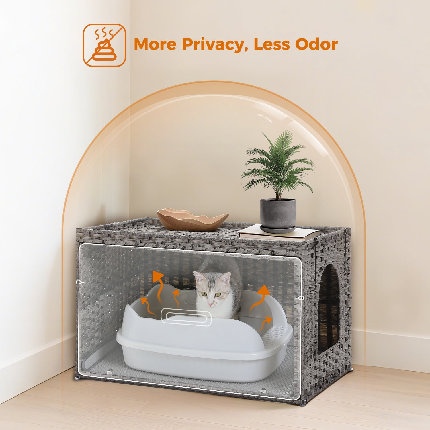 PEQULTI Rattan Cat Litter Box Enclosure Pet House with Taller Doorway for Large Cats Indoor Gray