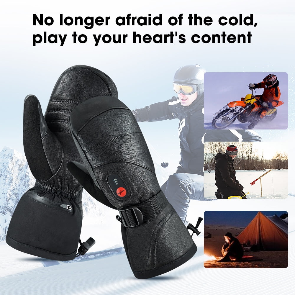 Sun Will Black Leather Waterproof Snow Gloves, Rechargeable Heated Touch Screen Warm Ski Mittens S-2XL