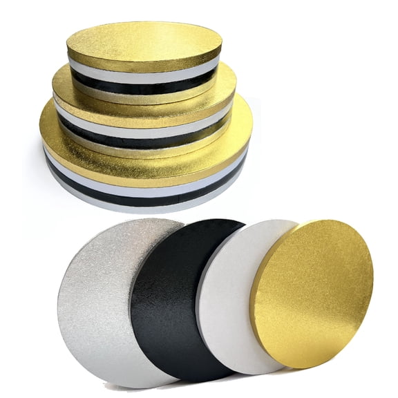 12 Packs Thick Cake Drums, Greaseproof 8, 10 & 12 inch assorted Round Cake drum in Gold Black Sliver White Cake Base, Cardboard Cake Boards for Presenting Heavy/Tall Tiered Cakes, Base Para Pastel