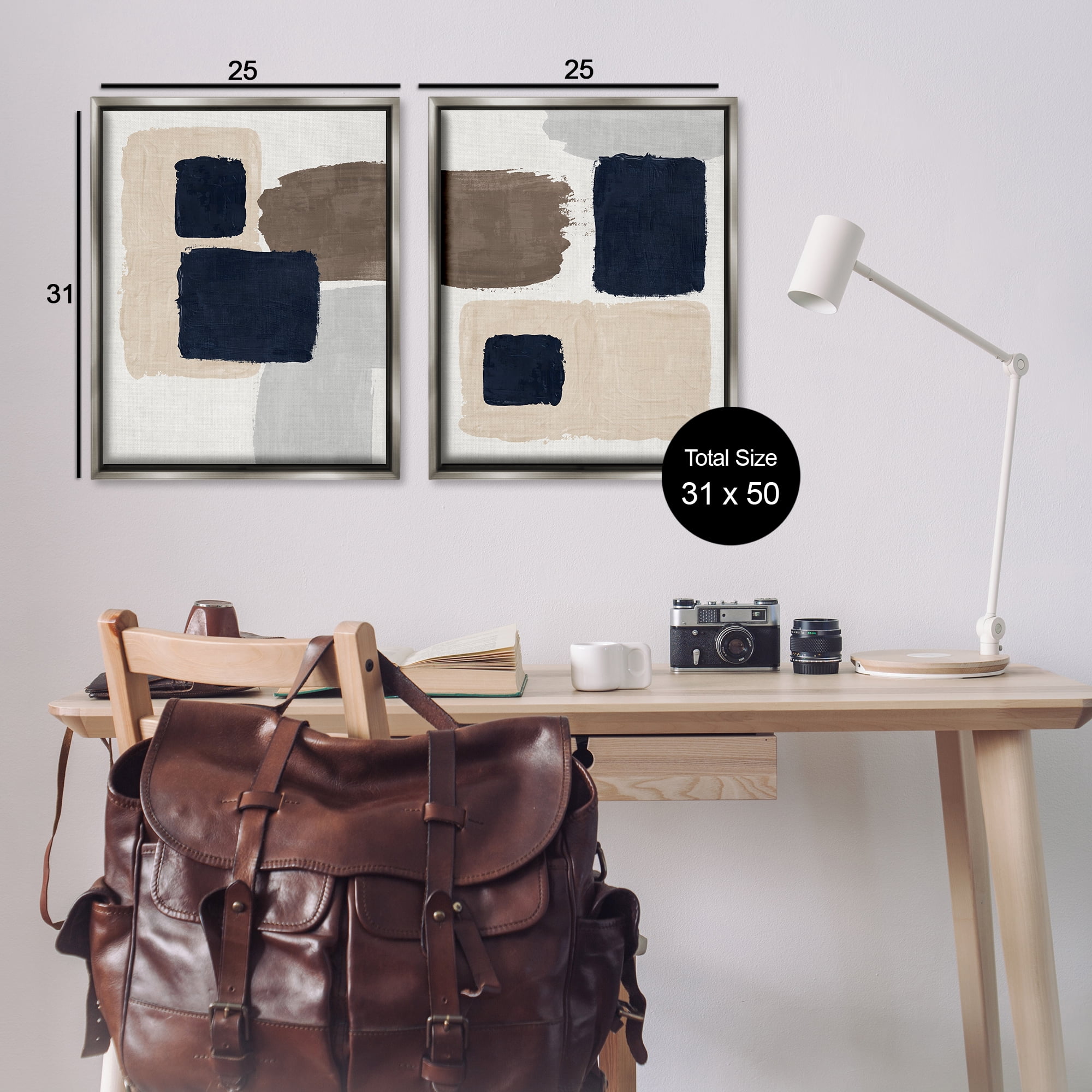 Stupell Industries Navy Brown Blocked Abstract Painting Gray Floater Framed Canvas Art Print Wall Art, 31 x 25, Set of 2