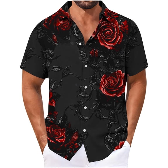 COSFO Graphic Mens Button Up Shirts Valentine's Day Short Sleeve Tops Collared Vacation with Pocket Regular Fit Mens Shirts