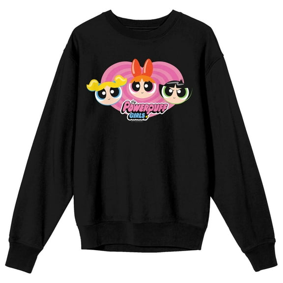 Powerpuff Girls Pink Heart With Characters' Faces Adult Black  Crew Neck Sweatshirt-Medium