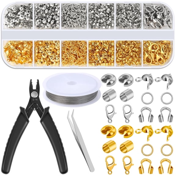 GMZW 1200 Pcs Crimp Beads Jewelry Making Supplies Kit, Crimp Tubes, Crimp Covers, Wire Guardians, Lobster Clasps, Jump Rings, Crimping Pliers and Beading Wire for DIY Bracelet Necklace Earring Craft